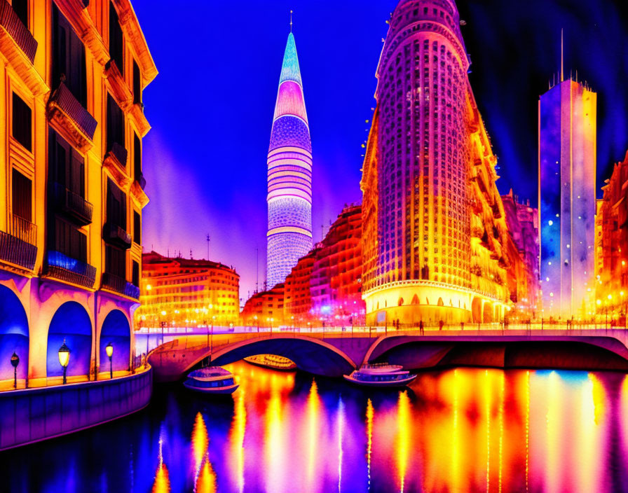 Colorful night cityscape with skyscraper, high-rise buildings, and arched bridge.