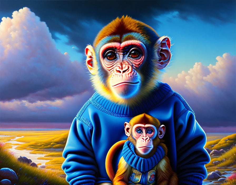 Hyperrealistic Illustration: Two Monkeys in Sweaters with Older Monkey and Young One in D