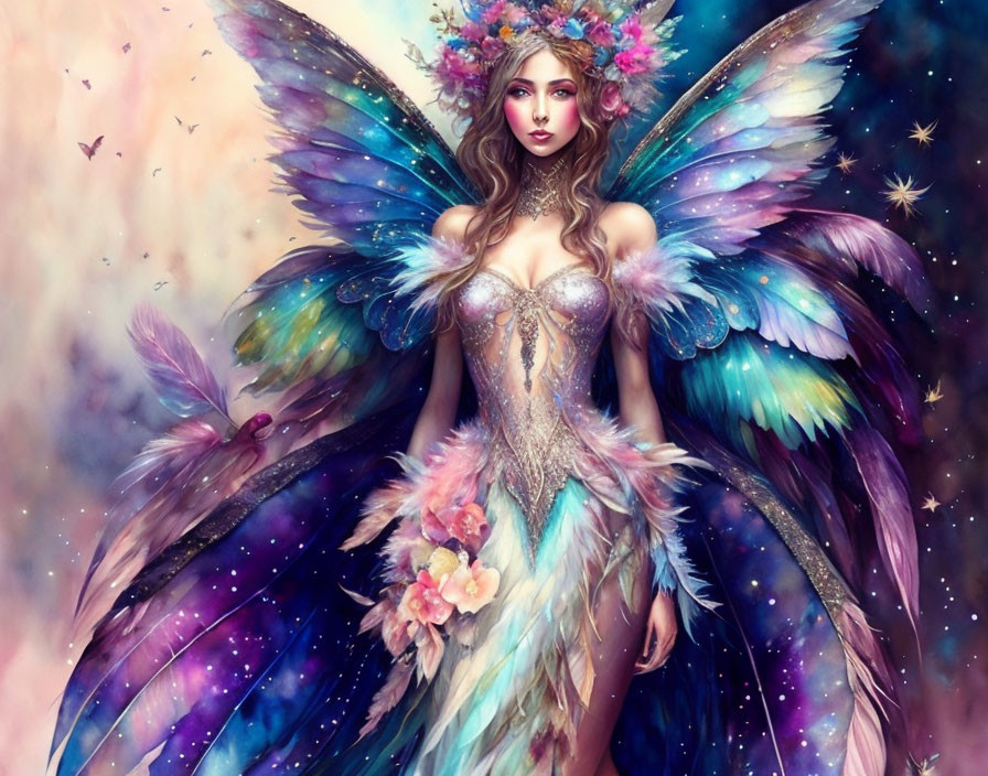 Colorful-winged woman in ethereal fantasy setting