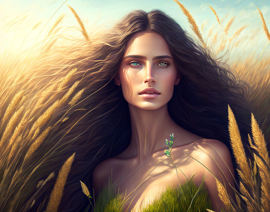 Digital artwork: Woman with flowing hair in golden wheat field