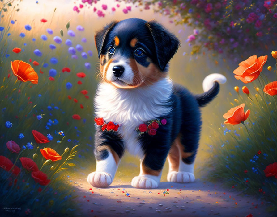 Fluffy black and tan puppy in vibrant flower field