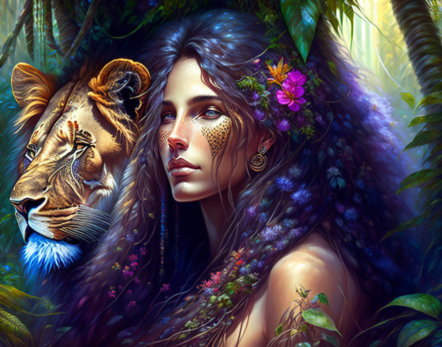 Woman with blue eyes merged with lion image symbolizes mystical nature connection