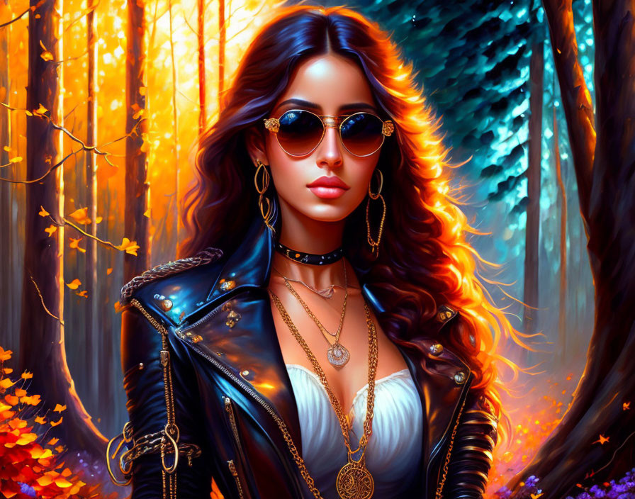 Digital portrait of woman in sunglasses and leather jacket in autumn forest