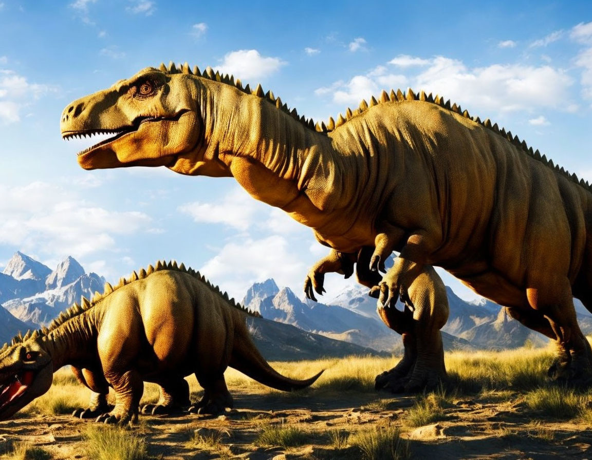 Computer-generated Tyrannosaurus rex dinosaurs in prehistoric landscape.