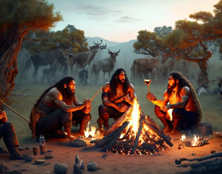 Prehistoric men by fire with spear and wine, surrounded by animals and trees