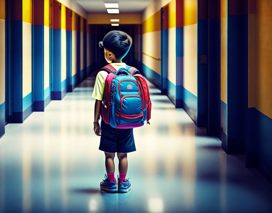 Child in backpack standing in colorful corridor