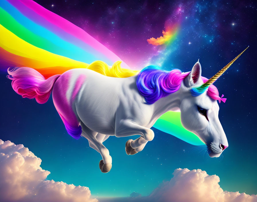 Colorful Unicorn with Rainbow Mane Flying in Starry Sky