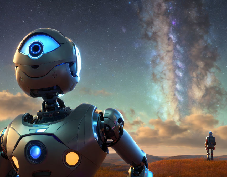 Futuristic robots with glowing blue eyes in field at dusk