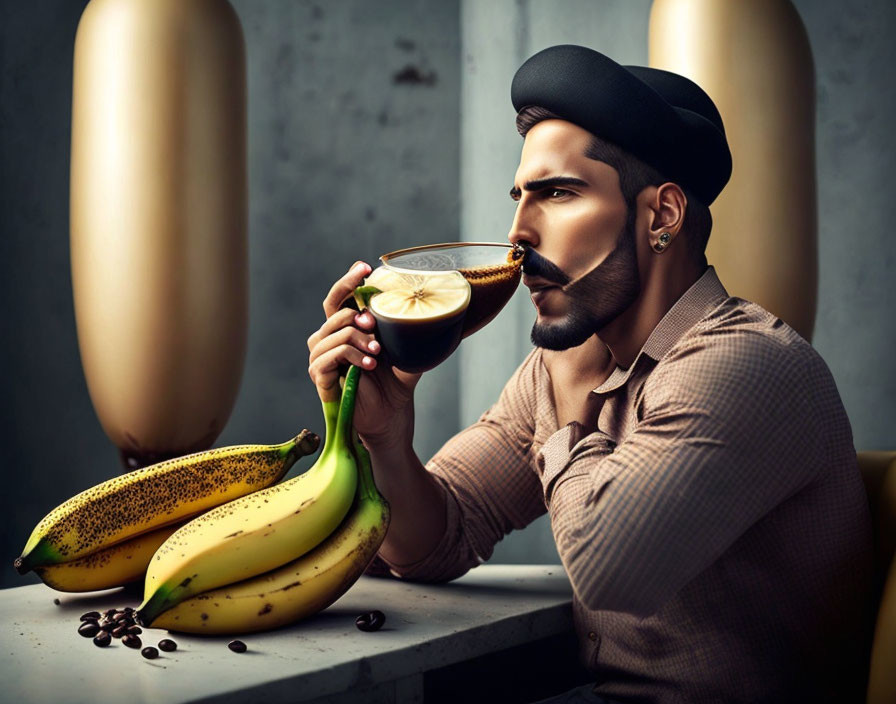 Illustration of man with mustache sipping coffee with fruits and coffee beans.