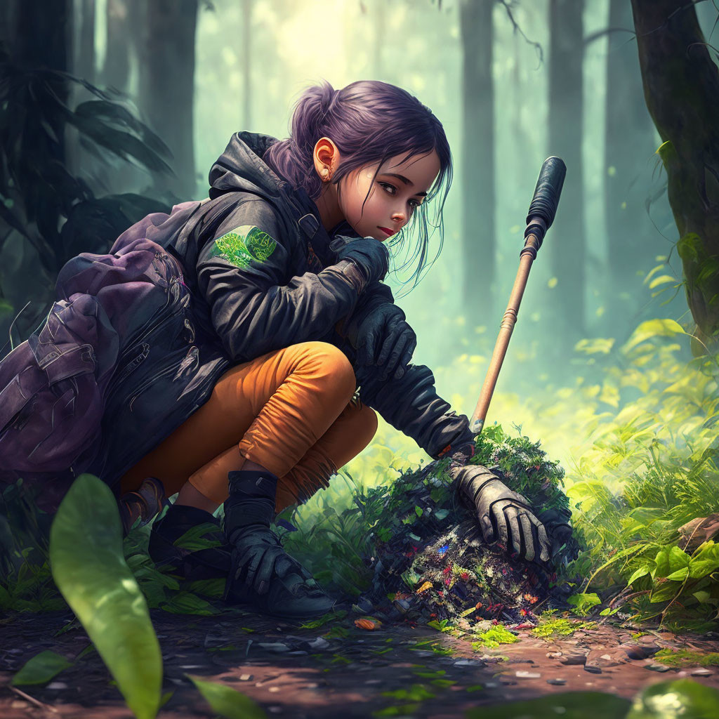 Purple-haired girl in outdoor attire examines glowing mushrooms in misty forest