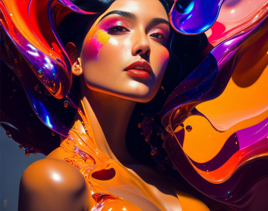 Colorful Makeup Blended with Vibrant Liquid Swirls in Orange, Purple, and Blue