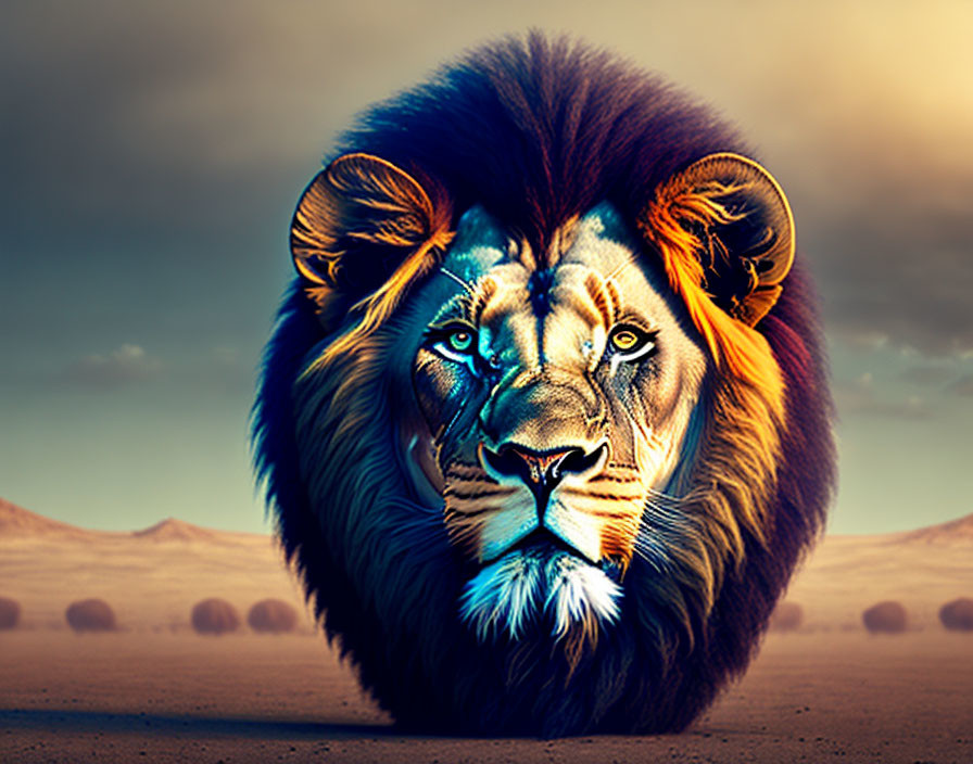 Colorful-Maned Lion in Digitally Enhanced Desert Scene