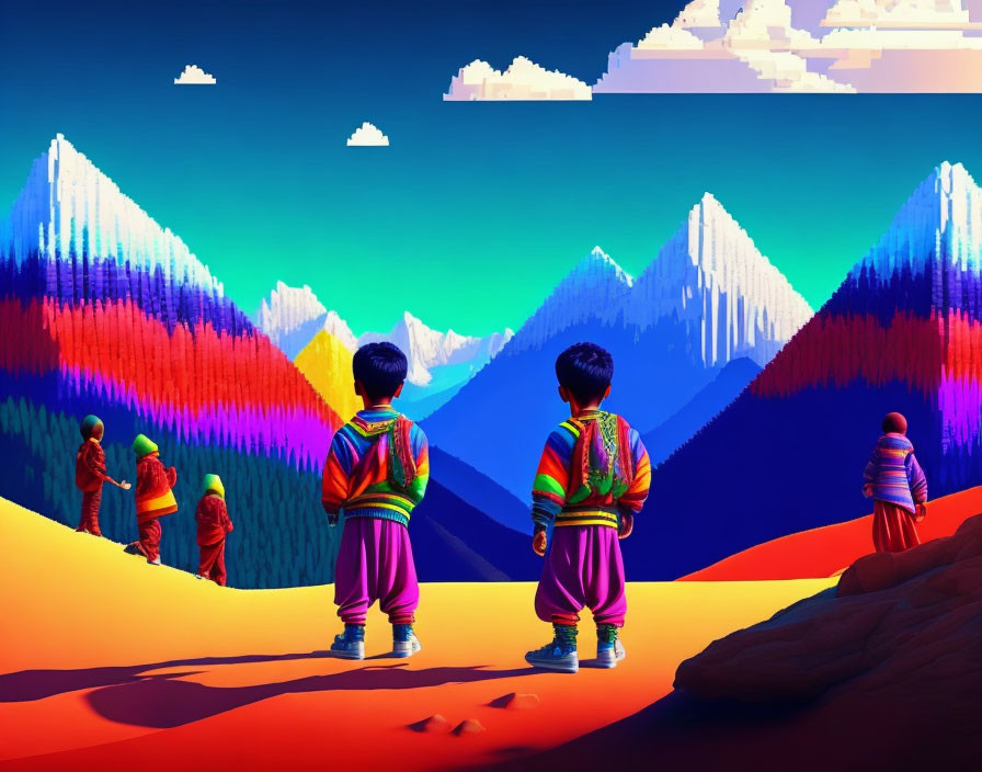 Vibrant digital artwork of people in colorful attire and surreal landscape