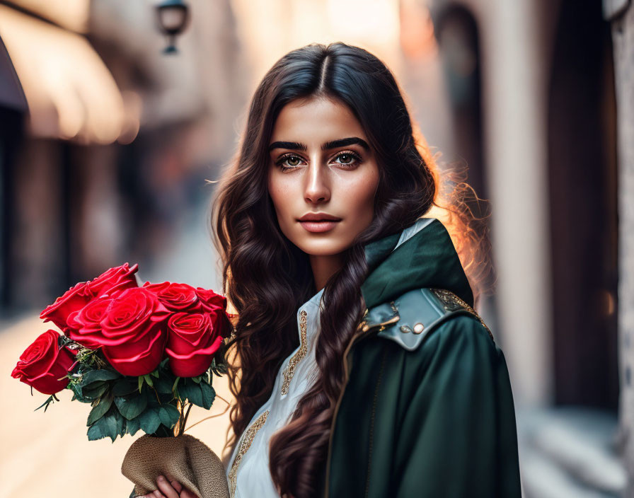 Woman with flowing hair holding red roses in charming street scene