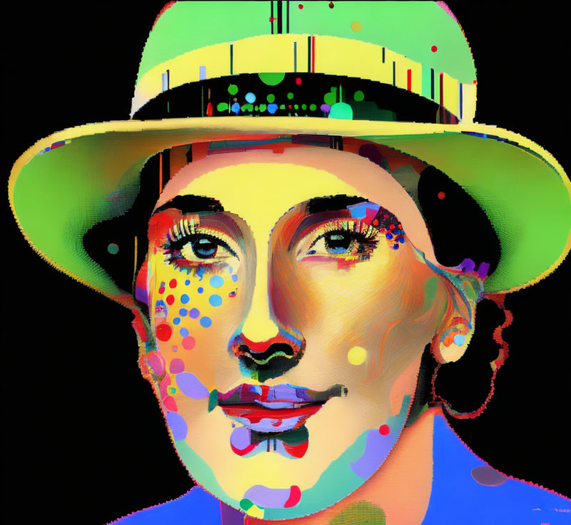 Vibrant portrait of a woman with hat in abstract style