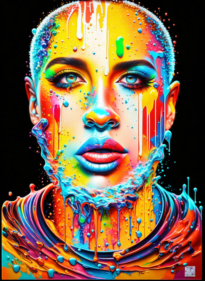 Vibrant hyper-realistic portrait of a woman with paint drips on black background