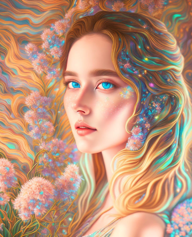 Illustrated portrait of woman with wavy hair and blue eyes amid colorful swirls and pink flowers