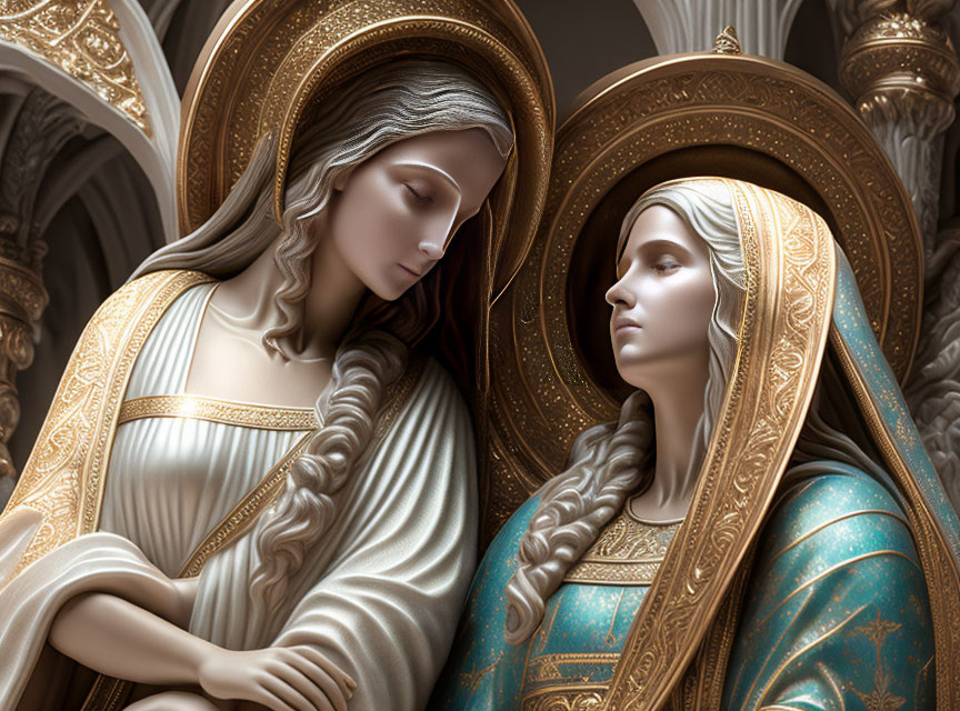 Serene female figures with golden halo in ornate architectural setting