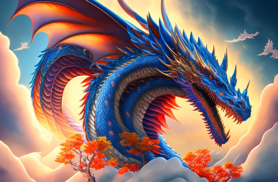 Majestic blue dragon with orange underbelly perched on clouds