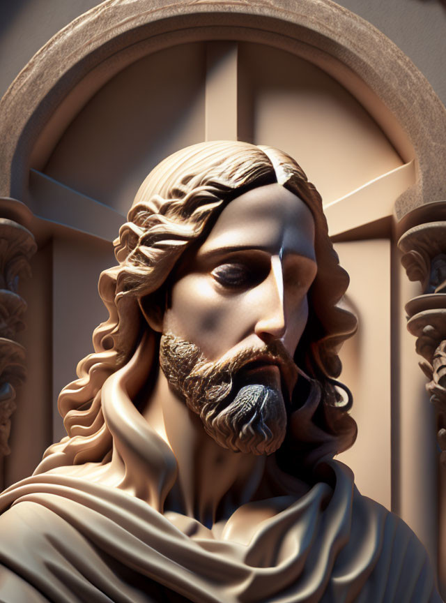 Bearded man statue with serene expression against arched backdrop