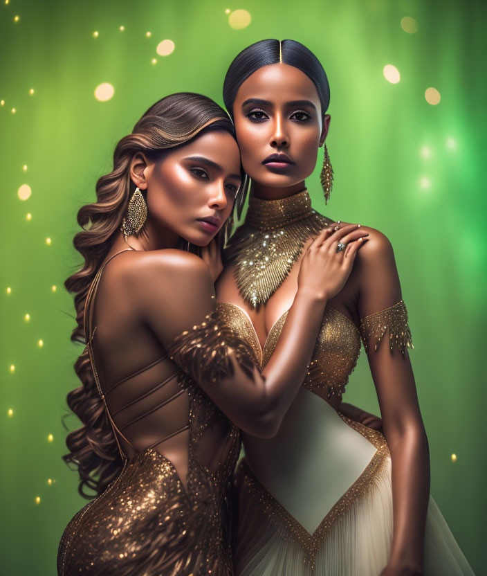 Elegant women in gold dresses with elaborate hairstyles and makeup against green bokeh lights