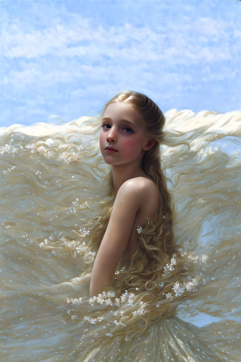 Blonde girl in white dress against blue sky