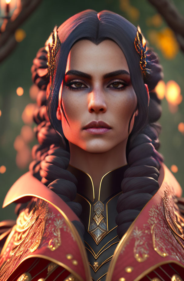 Woman with braided hair in red and gold armor on blurred background