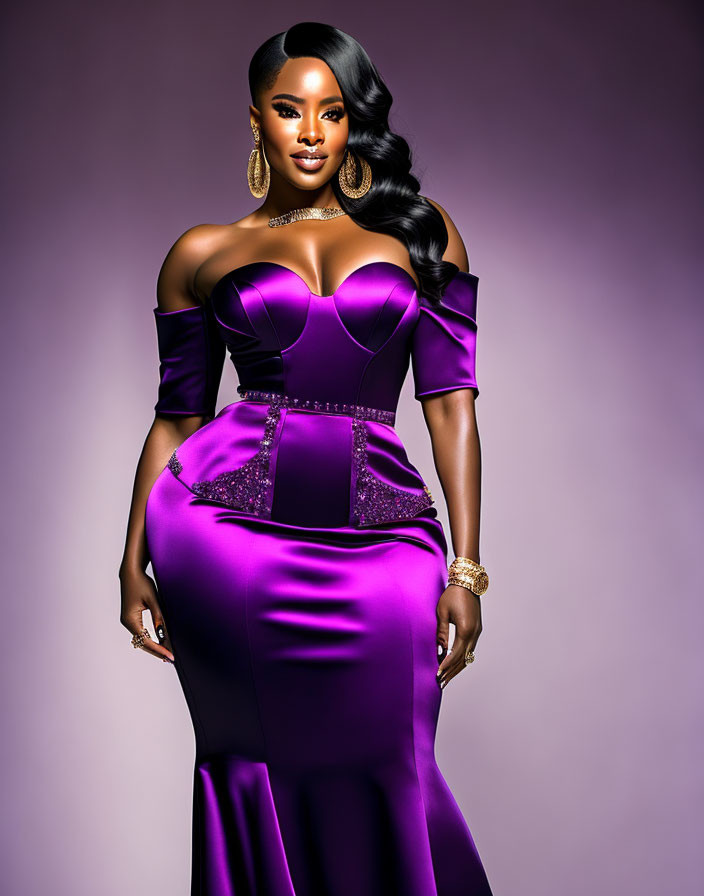 Woman in Purple Off-The-Shoulder Gown with Gold Accessories