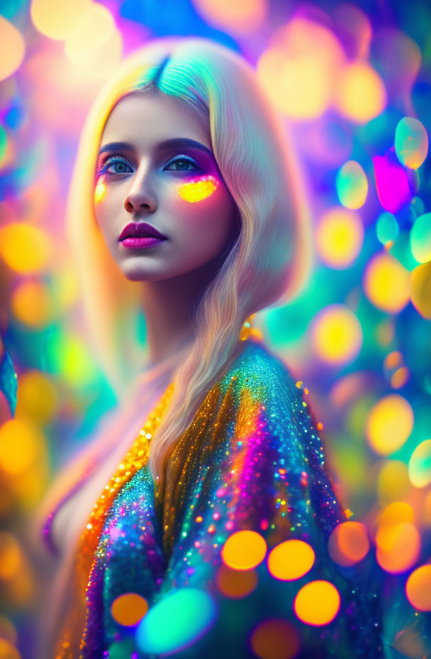 Platinum Blonde Woman with Yellow Eye Makeup in Glittery Outfit