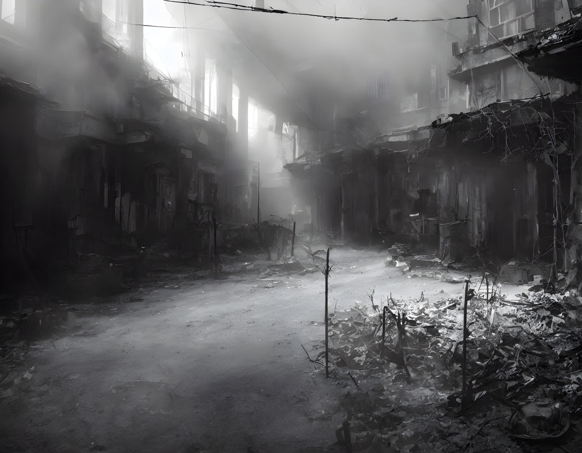 Desolate urban landscape with abandoned buildings and misty atmosphere