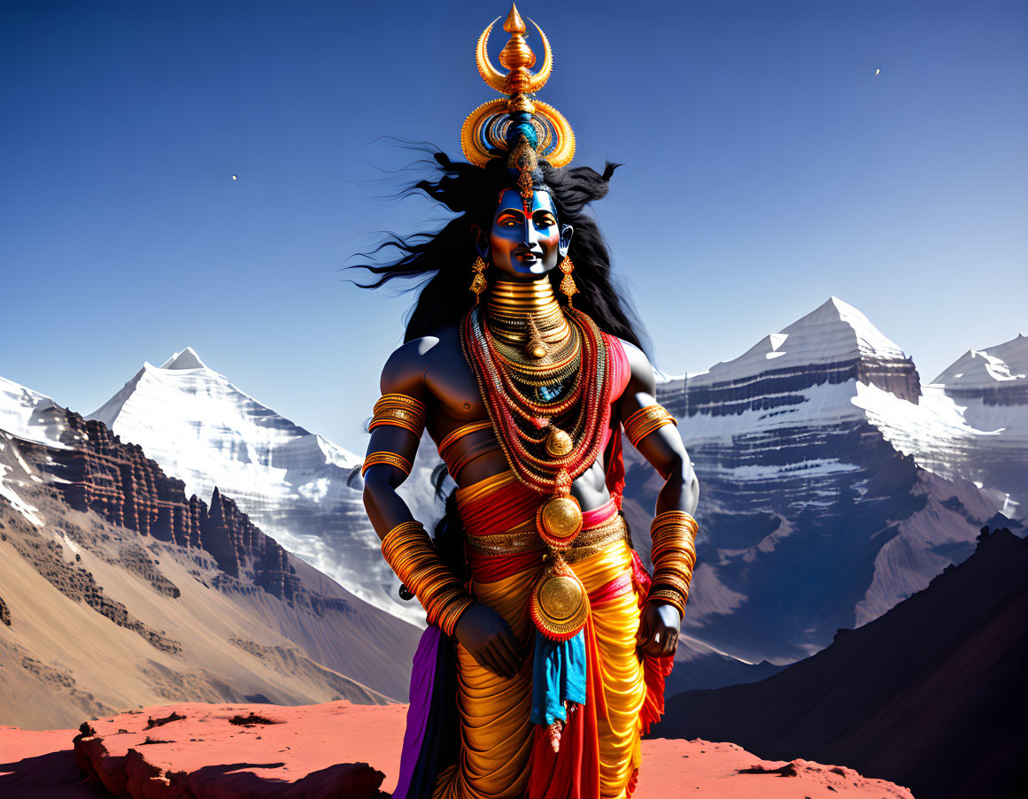 Blue-skinned deity in Indian attire amidst mountain landscape