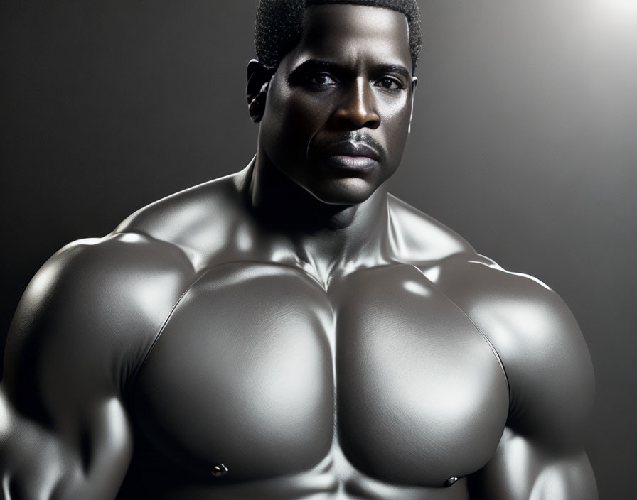 Muscular man with intense gaze on neutral background