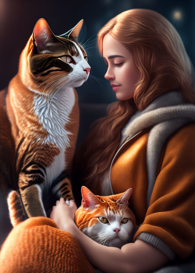 Red-haired woman cuddling ginger cat with another cat nearby in warm light.