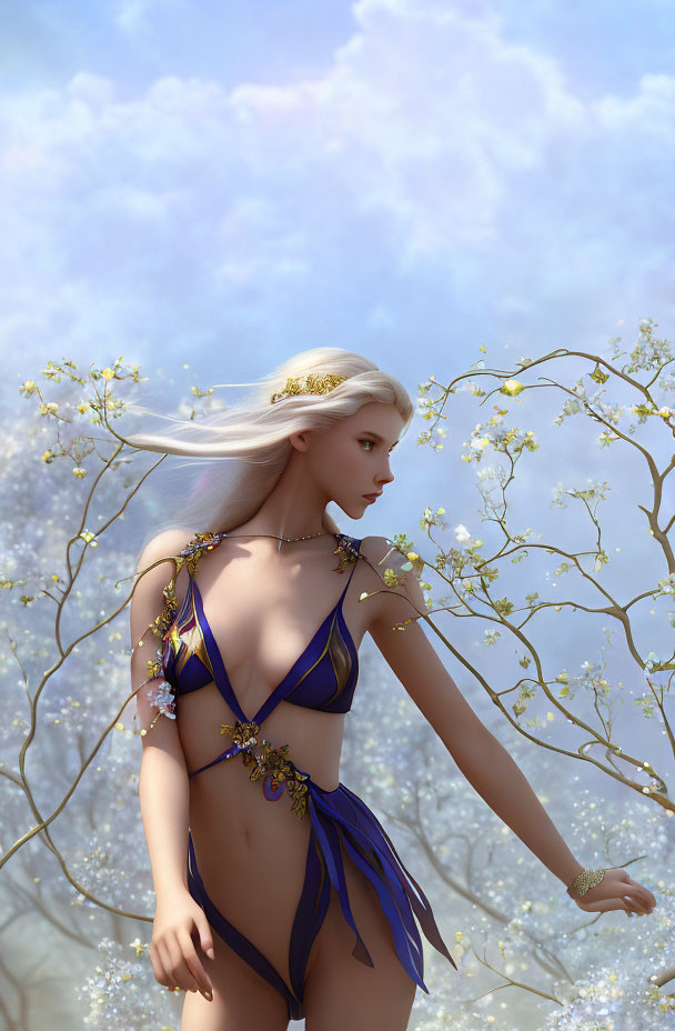 Fantasy character digital art: fair-skinned, white-haired figure in purple and gold attire among flowering