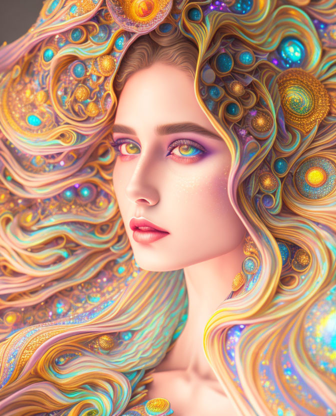 Golden-haired woman with intricate peacock feather patterns in digital portrait