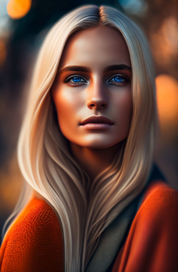 Portrait of Woman with Blue Eyes and Blonde Hair in Orange Top against Autumnal Background