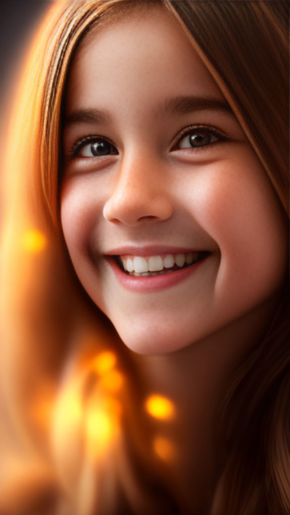 Close-up portrait of young girl with joyful smile and sparkling eyes in warm lighting