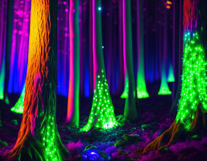 Vibrant neon-lit mystical forest scene with purple, blue, and green hues