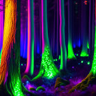 Vibrant neon-lit mystical forest scene with purple, blue, and green hues