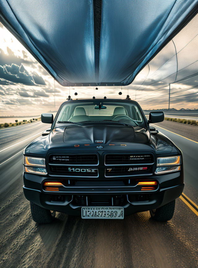 Black Pickup Truck with Blue Tarp on Highway Under Cloudy Sky