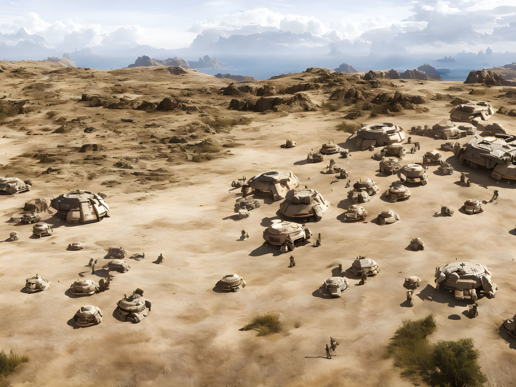 Desert settlement with dome-shaped structures and rocky terrain from above