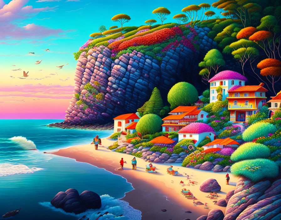 Scenic seaside cliff with lush trees, colorful houses, and beach under sunset sky