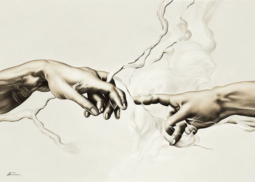 Stylized drawing: Two hands reaching, dynamic wisp trail