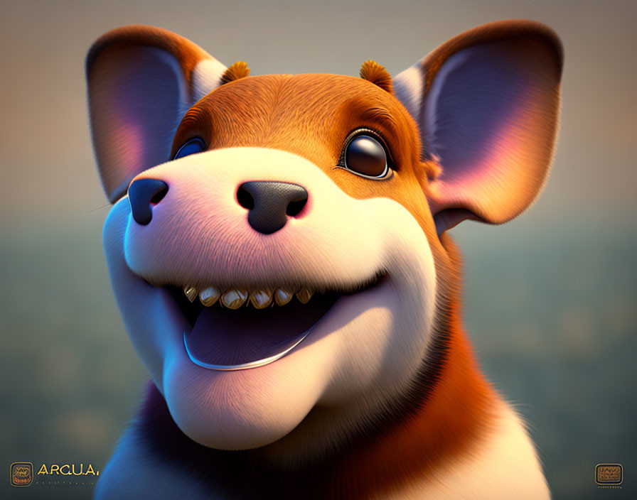 Smiling cartoon-style dog with large ears and expressive eyes