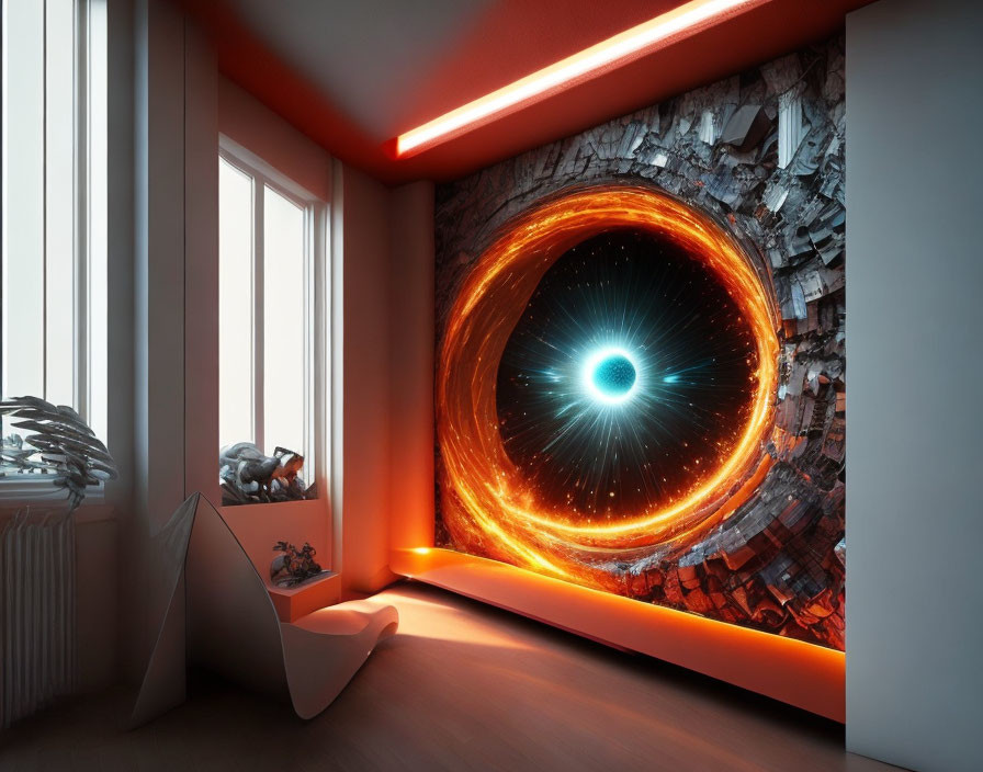 Modern room with orange neon light strip and surreal cosmic portal.