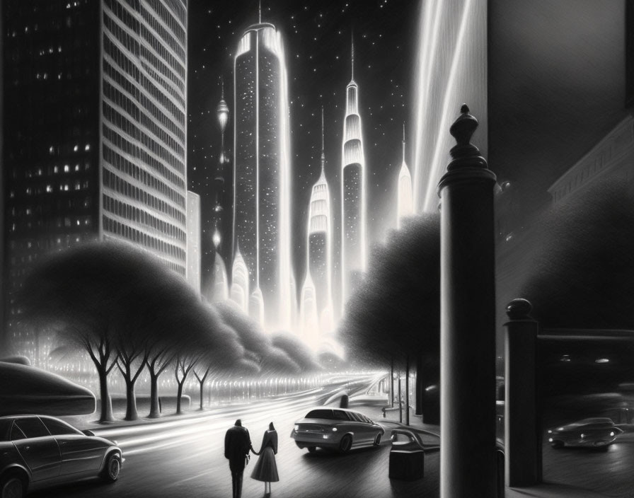 Monochrome futuristic cityscape at night with skyscrapers, light beams, pedestrians, and cars.