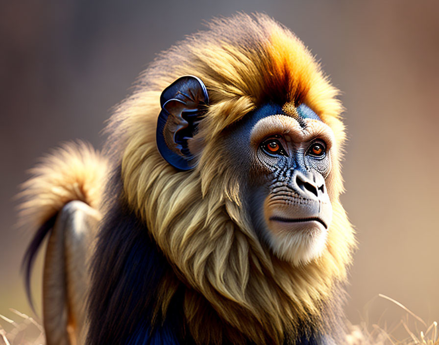 Colorful Mandrill with Golden Mane in Warm Natural Setting