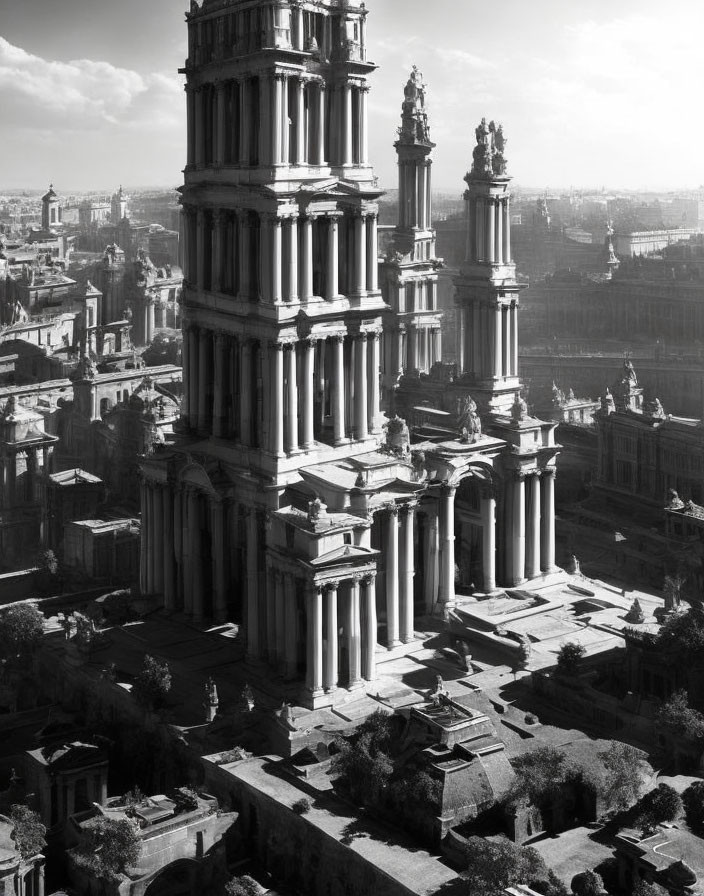 Ornate historical building with tall columns in black and white