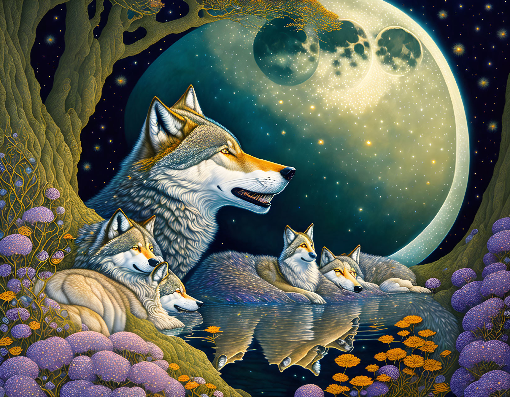 Three wolves by a moonlit lake with lilies under starry sky