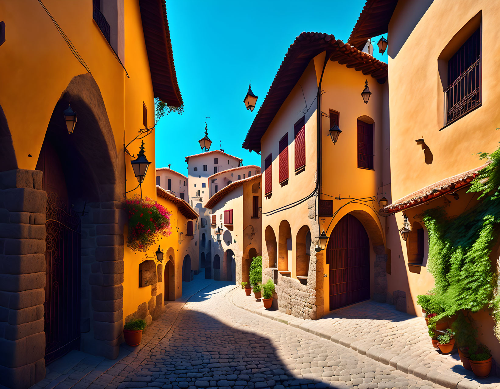 Picturesque European Alley with Cobblestone Streets & Colorful Buildings